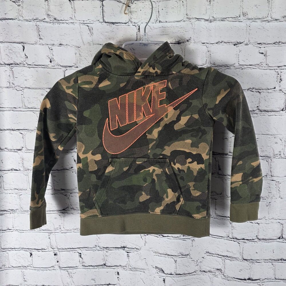 Nike Boys Camo Pullover Hoodie Green/Black with Orange Logo Pockets Size 3-4